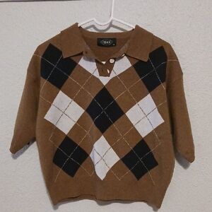 Cider Brown, Black & White Argyle Polo Crewneck Sweater